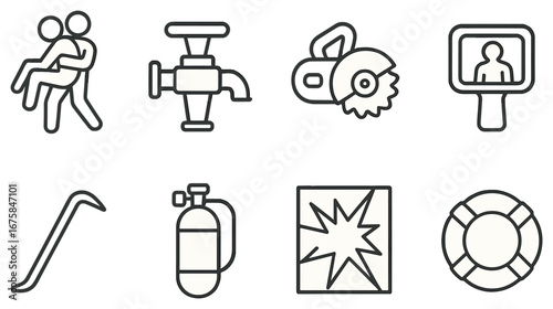 Emergency services linear icon set. featuring rescue, valve, saw, cctv, crowbar, extinguisher, explosion, lifebuoy
