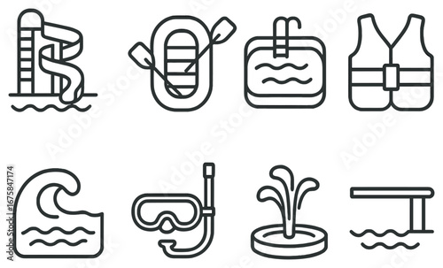 Water activities linear icon set. featuring waterslide, rafting, pool, life jacket, wave, snorkeling, fountain, diving board