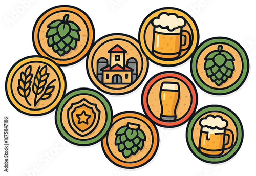 Brewery flat icon set. featuring beer, hop, wheat, brewery, pint, mug, hops, and badge symbols