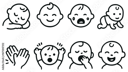 Baby expressions and activities linear icon set. featuring sleeping, smiling, crying, crawling, clapping, yawning symbols