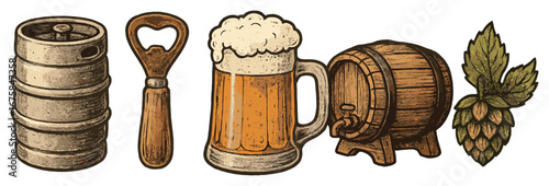 Brewery essentials linear icon set. featuring keg, bottle opener, beer glass, barrel, hops.