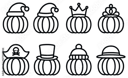Halloween hat pumpkins linear icon set. featuring elf, santa, crown, tiara, pirate, top hat, beanie, and bowler designs