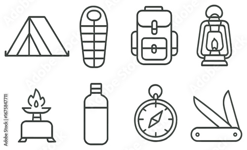 Camping equipment linear icon set. featuring tent, sleeping bag, backpack, lantern, stove, bottle, compass, knife