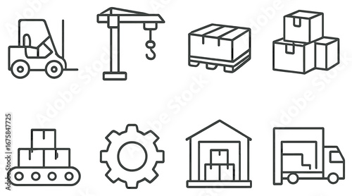 Logistics and warehouse linear icon set. featuring forklift, crane, pallet, boxes, conveyor, gear, warehouse, truck
