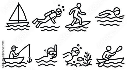 Water activities flat icon set. featuring sailing, diving, surfing, swimming, fishing, snorkeling, kayaking