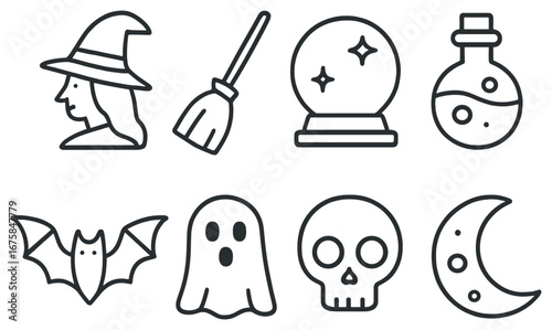 Halloween linear icon set. featuring witch, broom, crystal ball, potion, bat, ghost, skull, and moon symbols