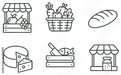 Farmers market linear icon set. featuring fruit stand, vegetable basket, bread, cheese, fish, and jam stall symbols