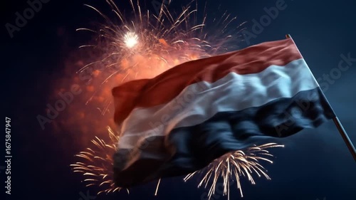 A waving national flag against a backdrop of vibrant fireworks illuminates a celebratory atmosphere.