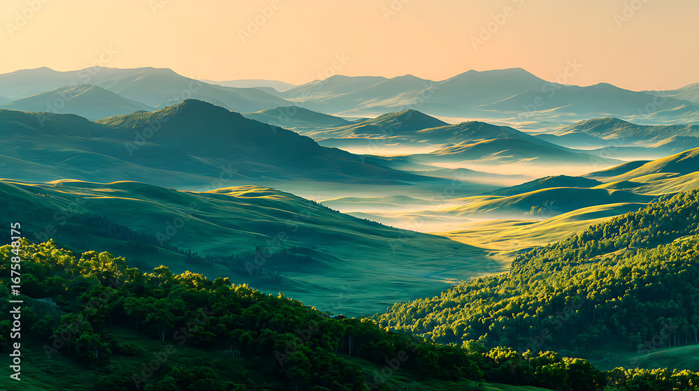 Obraz premium Valley and Layered Mountains Under Morning Sunlight Natural Landscape