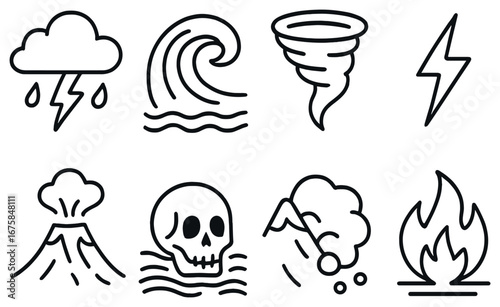 Natural disasters linear icon set. featuring storm, wave, tornado, lightning, volcano, skull, landslide, fire