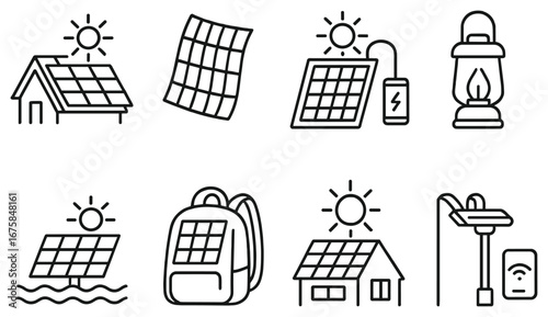Renewable energy linear icon set. featuring solar panels, solar lamp, solar backpack, solar charging, and smart lighting