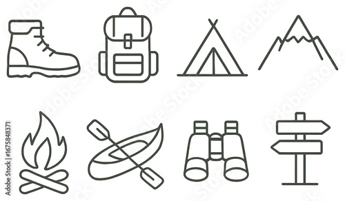 Outdoor activities linear icon set. featuring boot, backpack, tent, mountain, campfire, kayak, binoculars, signpost