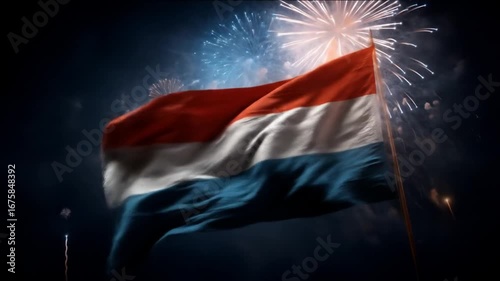 A vibrant flag of Luxembourg, billowing proudly amidst a spectacular fireworks display, evokes a feeling of national celebration and festive joy.