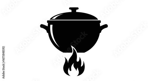 Black Silhouette of a Cooking Pot with Lid Over a Flame Icon.