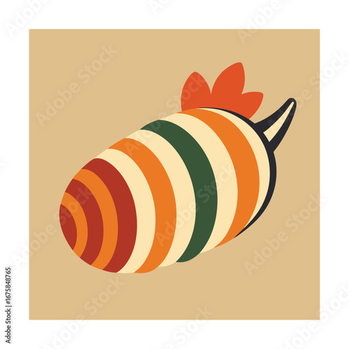 Colorful striped egg-shaped object with green and red accents