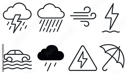 Weather linear icon set. featuring thunderstorm, rain, wind, lightning, flood, cloud, warning, and umbrella symbols