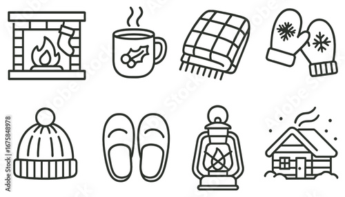 Winter cozy items linear icon set. featuring fireplace, hot drink, blanket, mittens, hat, slippers, lantern, and cabin