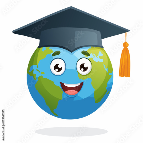 Happy cartoon Earth globe character wearing a graduation cap, symbolizing global education and international studies