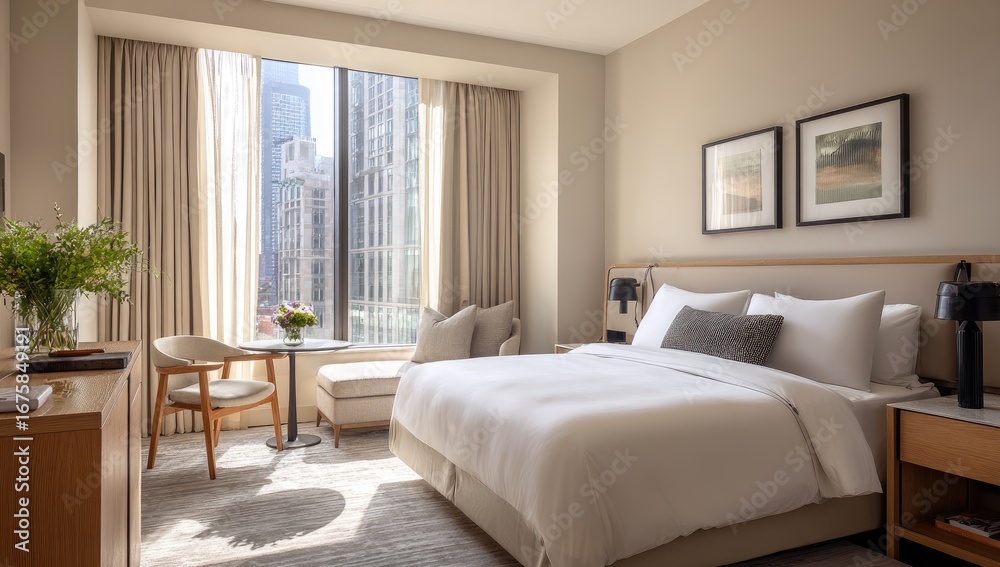 Fototapeta premium Modern hotel room with city views. Natural light streams into a bright, minimalist bedroom. Beige walls, light wood furnishings, and a large window offer panoramic cityscape views.