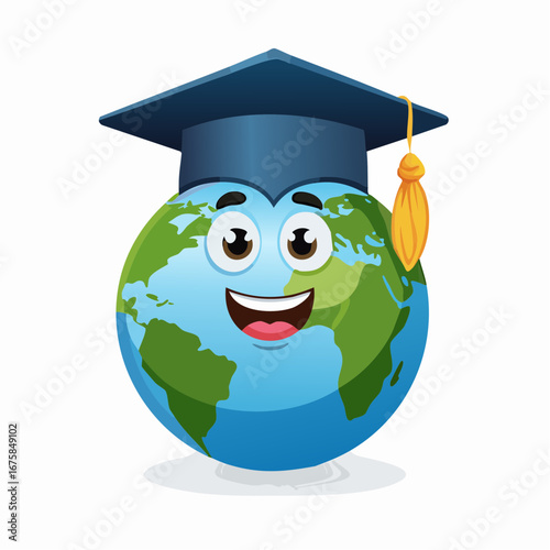 A joyful cartoon Planet Earth character wearing a blue graduation cap, symbolizing global education, international studies, and academic achievement. Vector illustration on a white background