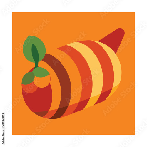 Striped conical object with green leaves on orange background