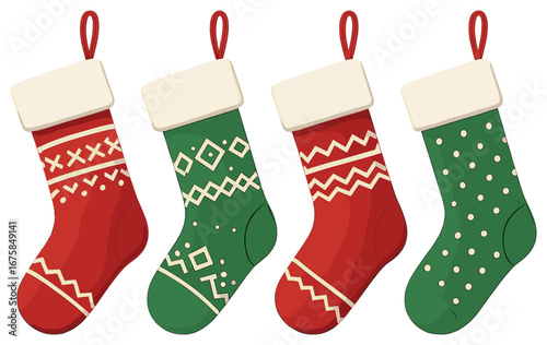 Christmas theme 3d icon set. featuring stockings with patterns and festive designs.