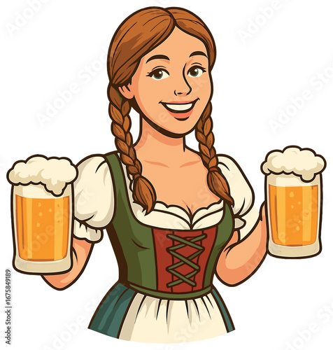Oktoberfest vector: bavarian woman holding beer glasses, traditional german costume