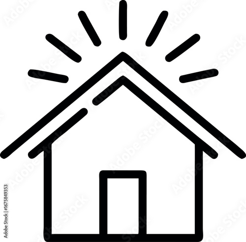 Vector art of simple line art icon of a house with radiating lines from the roof, symbolizing home and warmth