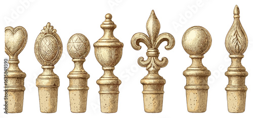 Decorative 3d icon set. featuring heart, floral, diamond, urn, fleur-de-lis, sphere, and flame motifs