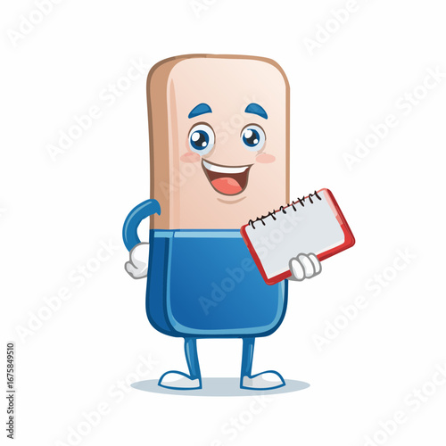 Cheerful rubber stationery mascot with a smiling face presenting a blank spiral notebook for your text or design