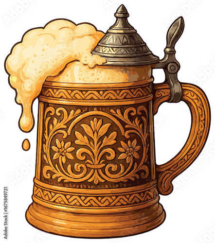 Beer mug with foamy lid 3d icon. featuring a decorative ale stein with handle and latch