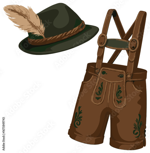 Oktoberfest attire 3d icons set. featuring lederhosen and alpine hat