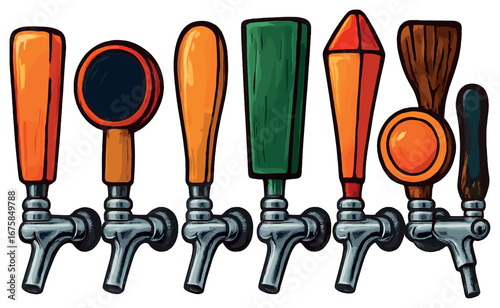 Beer tap handles linear icon set. featuring modern designs, vibrant colors, brewery, craft beer, and pub symbols