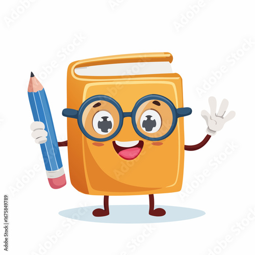 A cheerful cartoon book character with glasses holding a pencil, representing fun learning, education, and knowledge