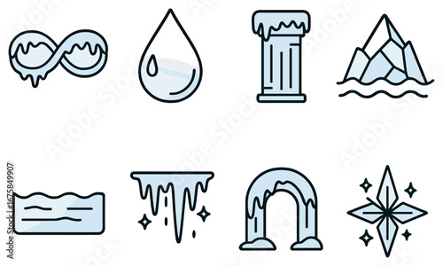 Winter and ice linear icon set. featuring infinite ice, water drop, icicle, column, iceberg, and snowflake