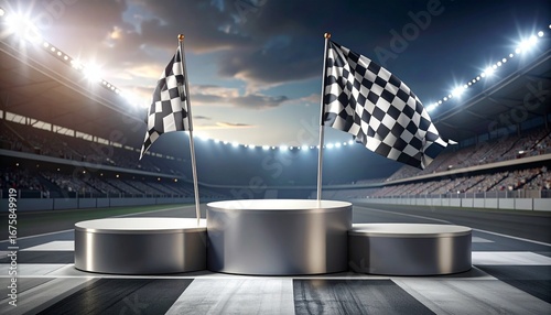 Racing winner podium with checkered flags at empty motorsport stadium during sunset