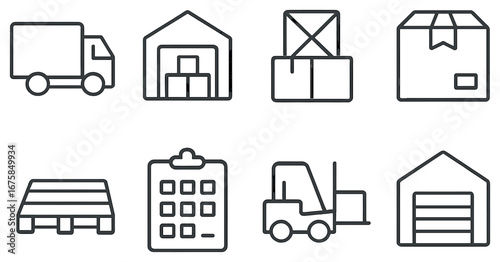 Logistics and warehouse linear icon set. featuring truck, storage, package, pallet, and forklift symbols