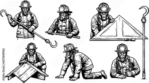 Fireman with Mask Holding Roof Hook in Hand - Black and White Illustration, Vector