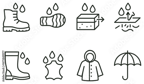 Waterproof linear icon set. featuring boot, sole, sponge, fabric, leather, coat, and umbrella icons