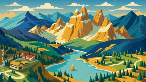 Picturesque mountain landscape with river flowing through the green valley