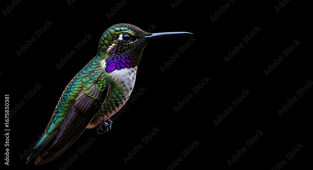 Fototapeta premium A vibrant hummingbird with iridescent green and purple plumage perched against a dark, minimalist background.