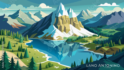 A stunning mountain landscape with a lake reflecting the peaks and forests