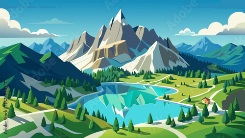 Picturesque mountain landscape featuring a serene lake and lush green meadows