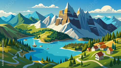 Scenic mountain landscape with lake, village, and lush green hills view