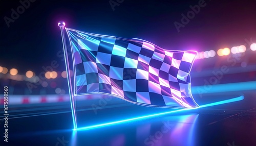 Glowing checkered racing flag with neon lights on a futuristic racetrack at night