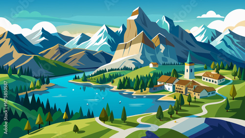 Idyllic mountain scenery with lake, village, church, and winding path view