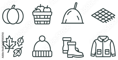 Autumn season linear icon set. featuring pumpkin, apples, haystack, leaves, hat, boots, and jacket