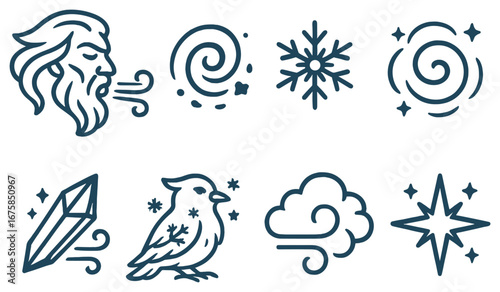 Elements linear icon set. featuring wind, swirl, snowflake, crystal, bird, cloud, and star symbols