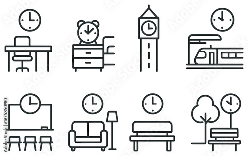 Home and station linear icon set. featuring desk, bedroom, clock, train, living room, bench, tree symbols