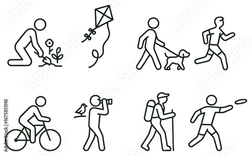 Outdoor activities linear icon set. featuring gardening, kite flying, dog walking, running, cycling, photography, hiking, frisbee